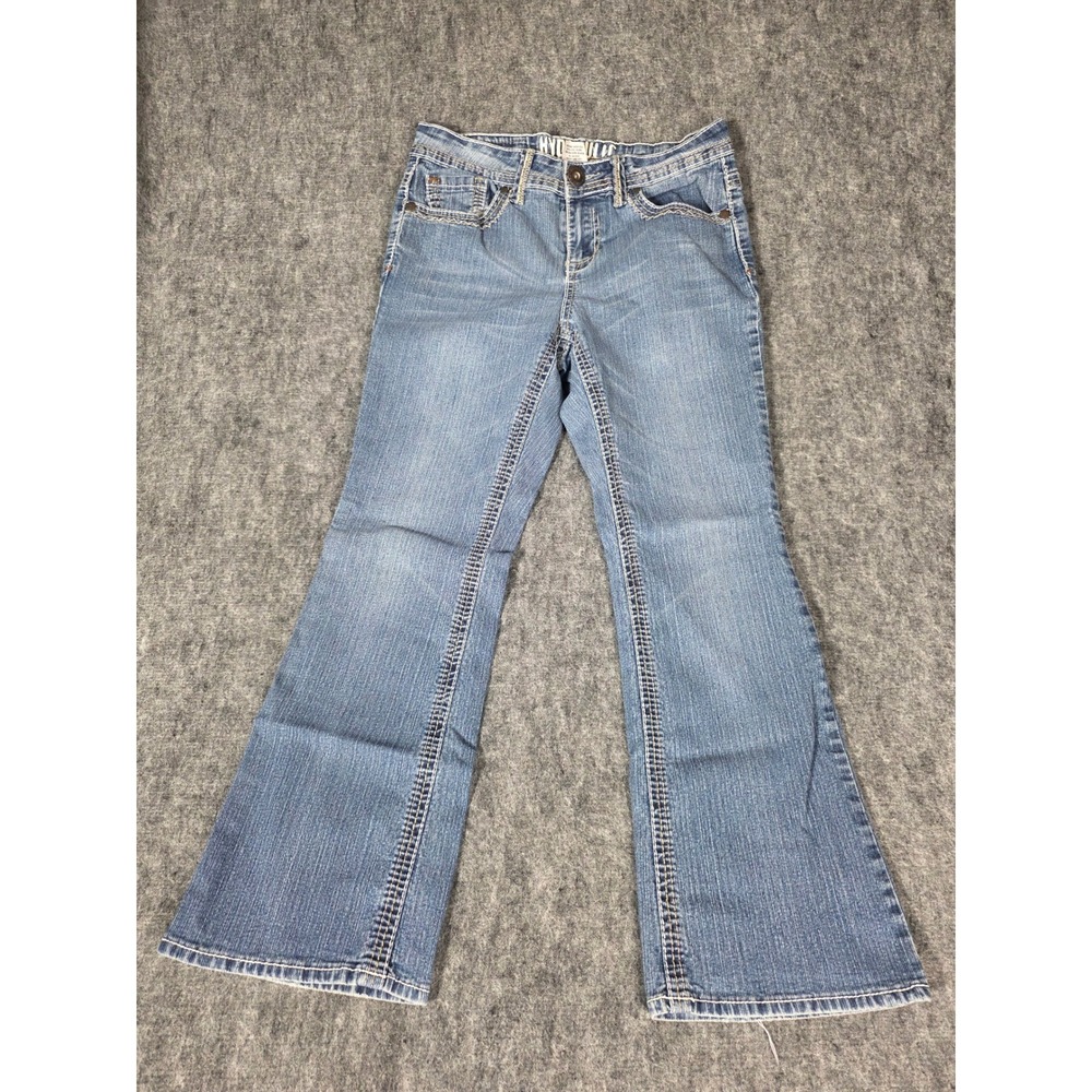 Vintage Hydraulic Flap Pocket Flare Jeans Womens 6P Blue Thick Stitch Y2K Petite